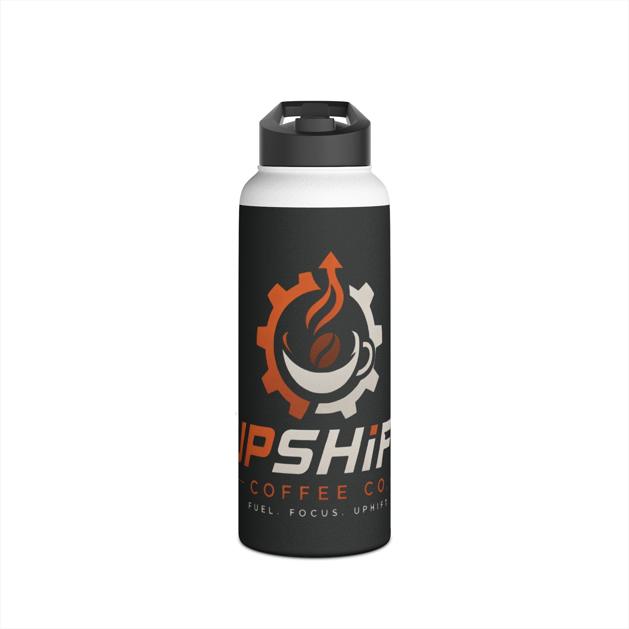 Coffee Company Stainless Steel Water Bottle with UpShift logo, double-wall insulated, matte finish, and BPA-free lid in various sizes