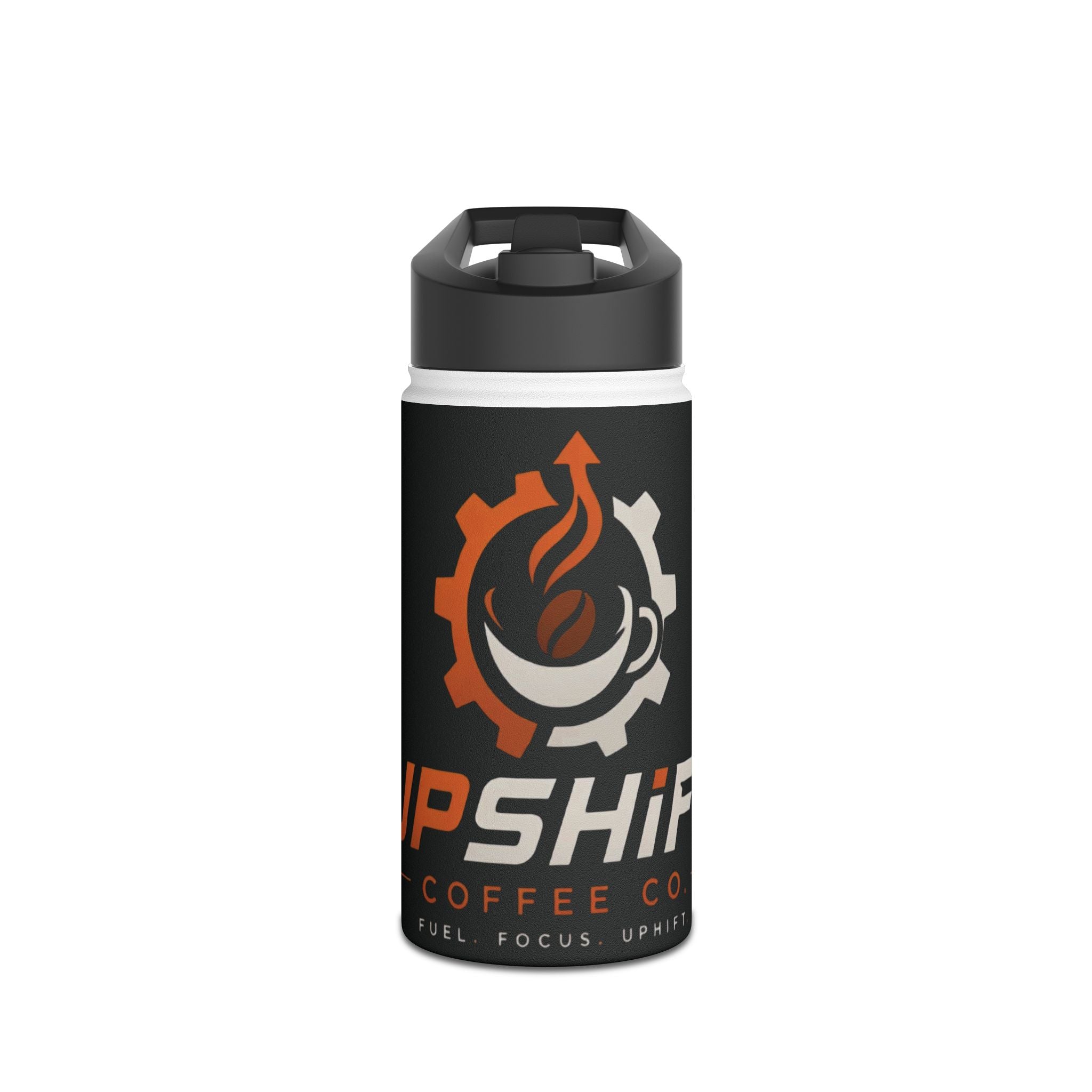 Coffee Company stainless steel water bottle with UpShift logo, double-wall insulation, matte finish, and BPA-free lid in multiple sizes