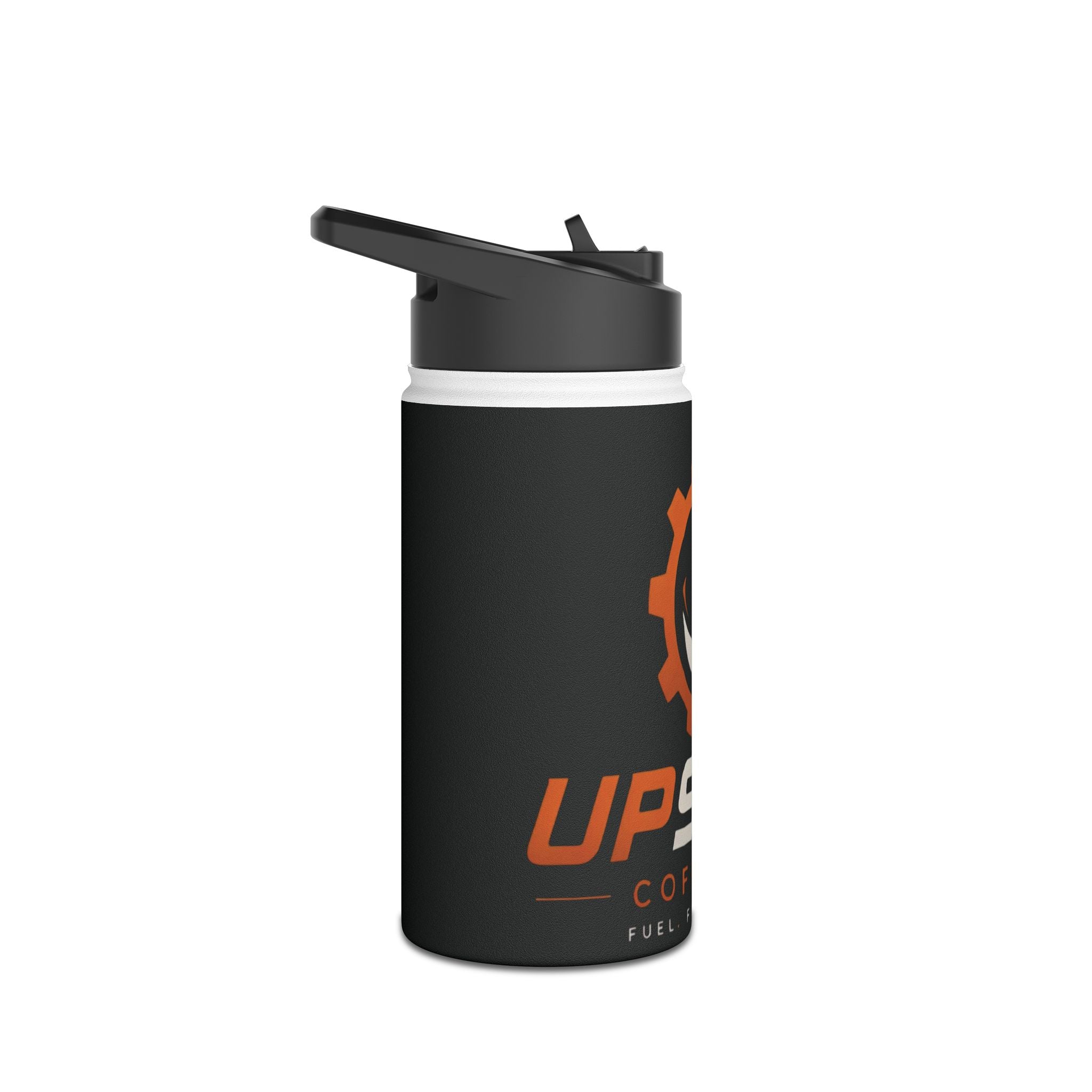 Coffee Company Stainless Steel Water Bottle with UpShift logo, double-wall insulated, matte grainy finish, BPA-free lid, available in 12oz, 18oz, and 32oz sizes