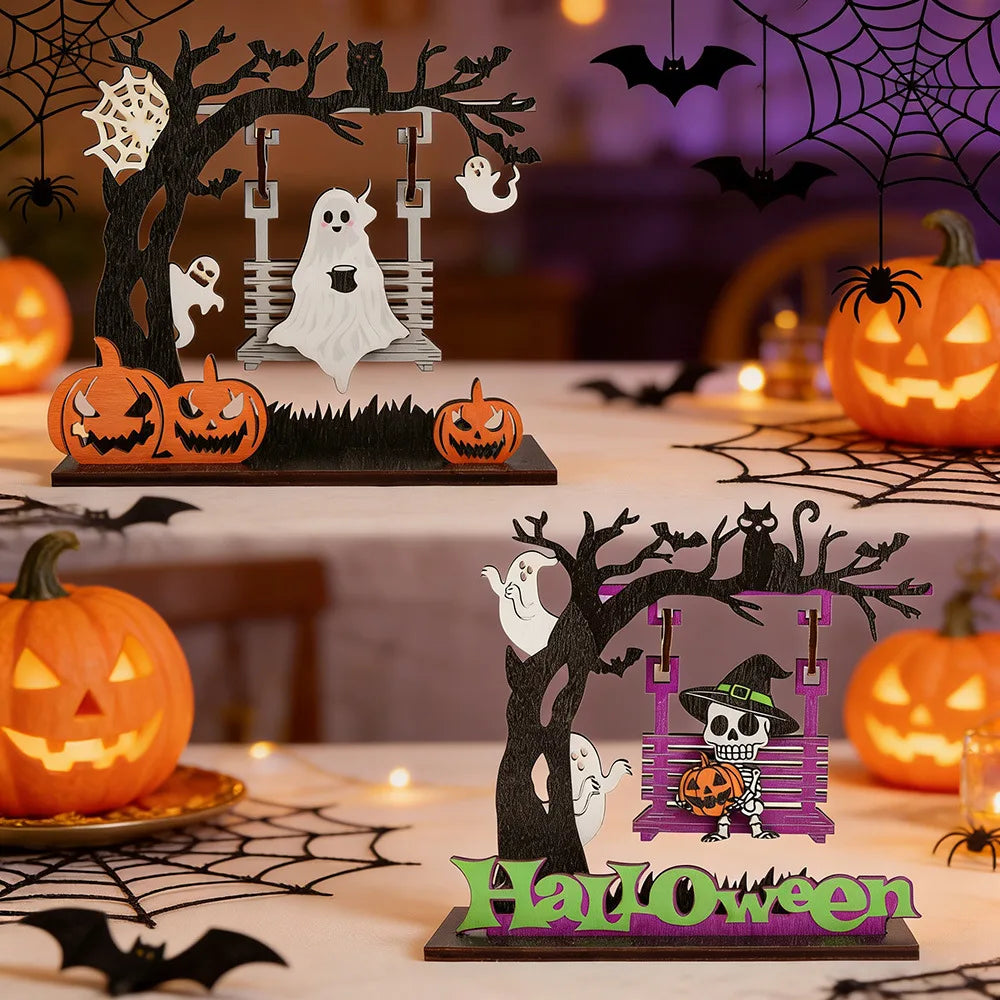 Halloween Wooden Tabletop Ornament, Color Print Skeleton Ghost Swing Pumpkin Desk Decor for Halloween Party Home Table Layout