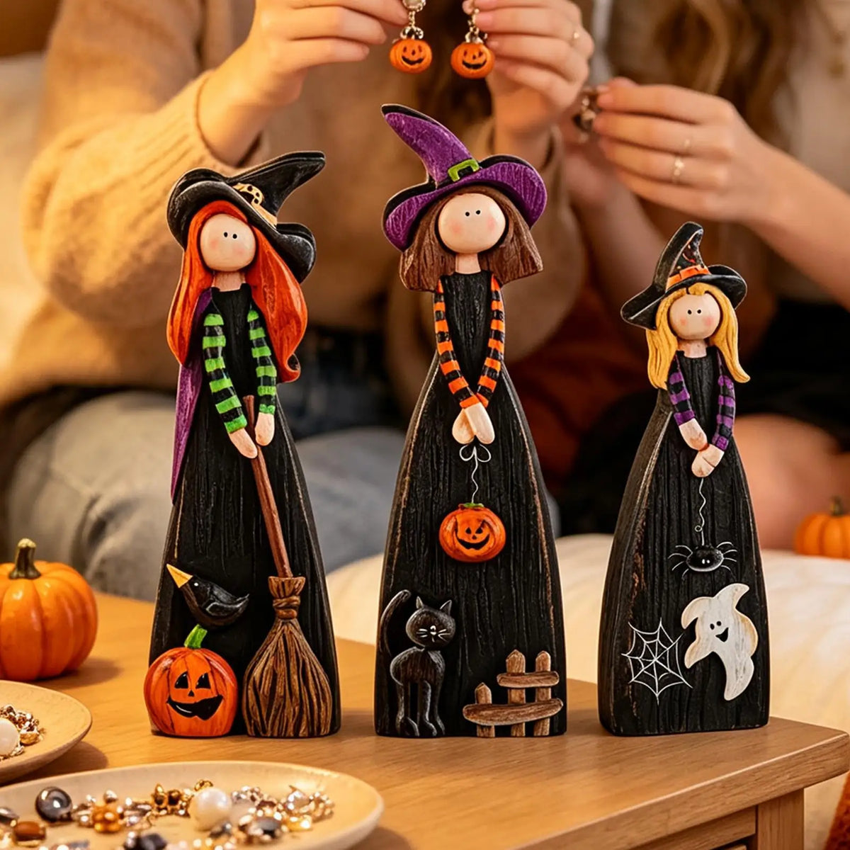 Halloween Witch Decor 3 Pieces Fall Farmhouse Wooden Table Centerpieces Autumn Witch Figurine Decor for Desk Shelf Windowsill