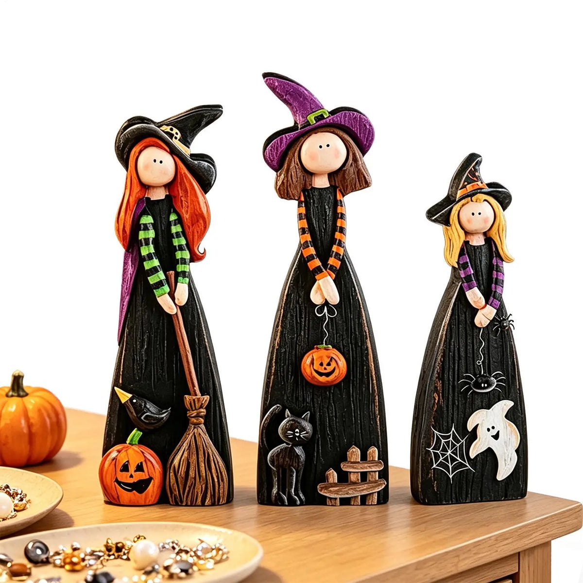 Halloween Witch Decor 3 Pieces Fall Farmhouse Wooden Table Centerpieces Autumn Witch Figurine Decor for Desk Shelf Windowsill