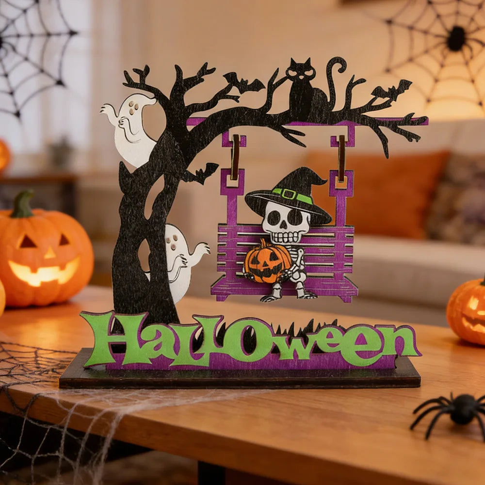 Halloween Wooden Tabletop Ornament, Color Print Skeleton Ghost Swing Pumpkin Desk Decor for Halloween Party Home Table Layout