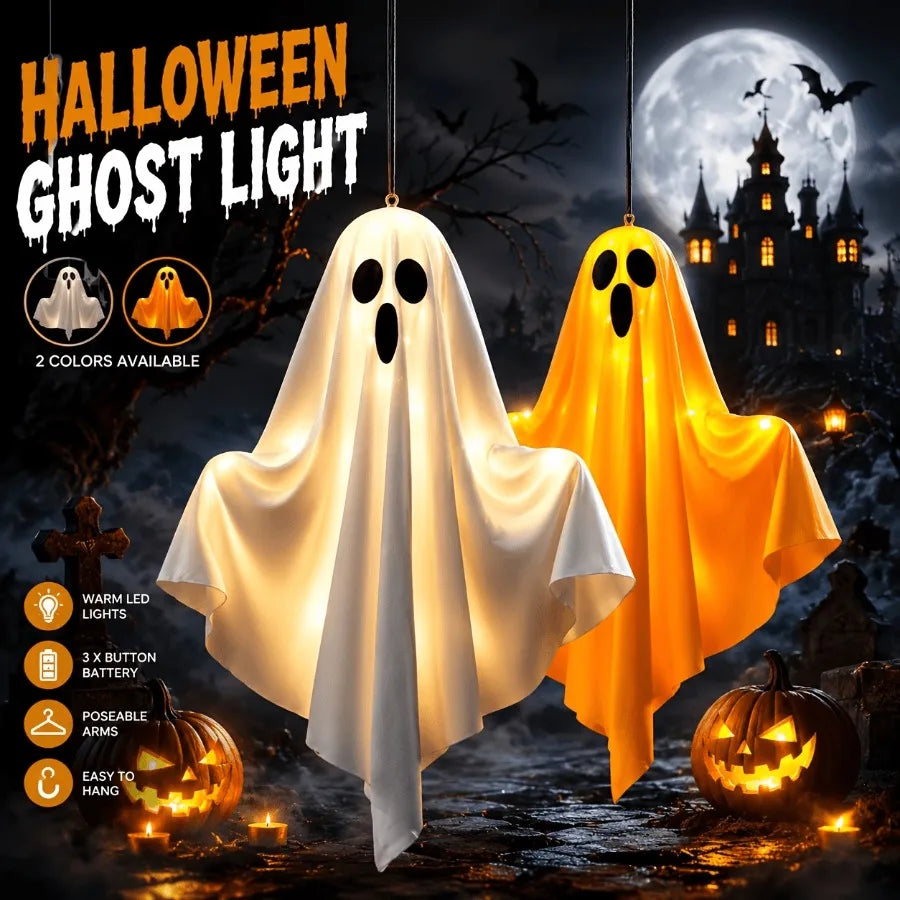 Halloween LED Light Up Hanging Ghost Decorations, Warm Glow Spooky Ghost Ornaments for Home, Bedroom Halloween Party Decor