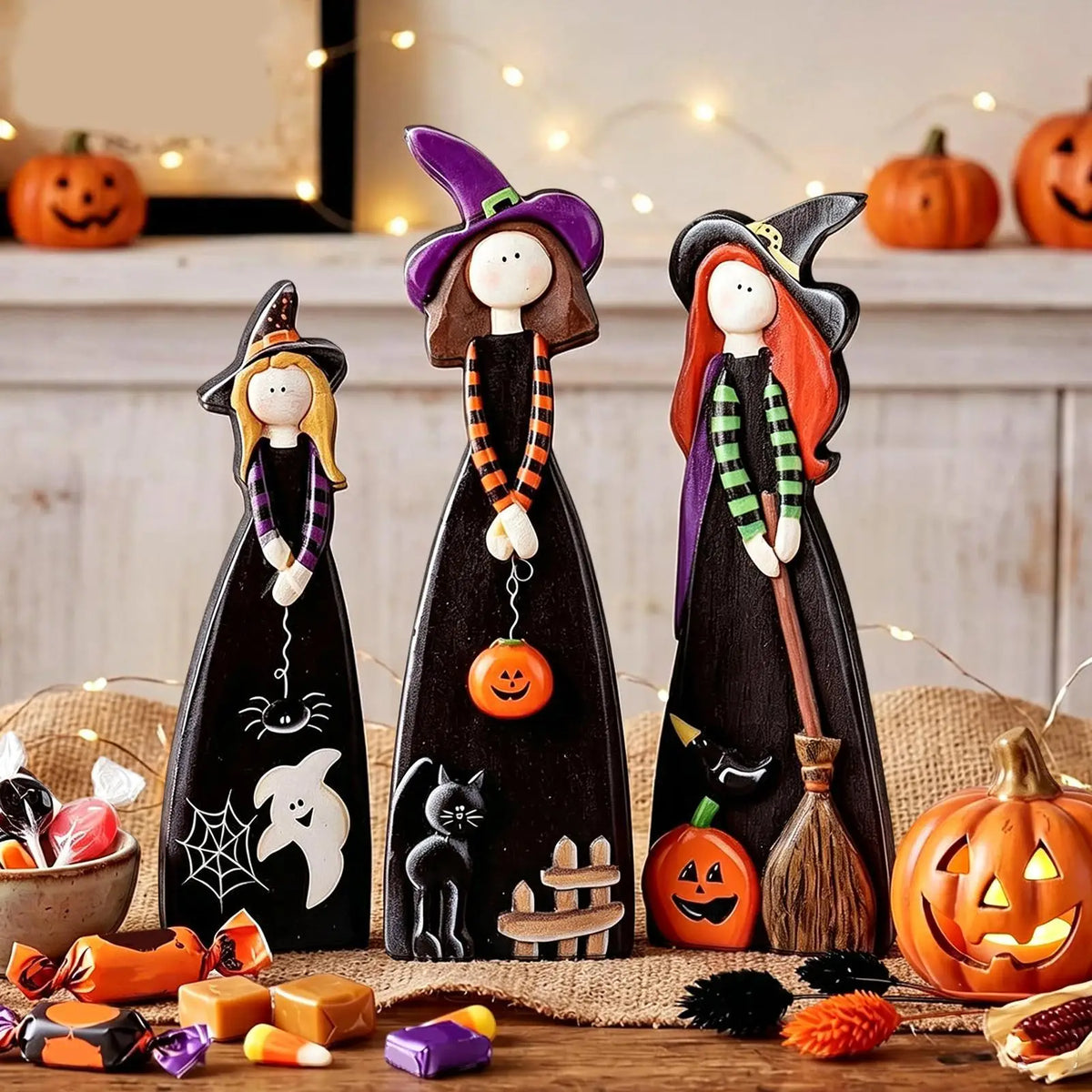 Halloween Witch Decor 3 Pieces Fall Farmhouse Wooden Table Centerpieces Autumn Witch Figurine Decor for Desk Shelf Windowsill