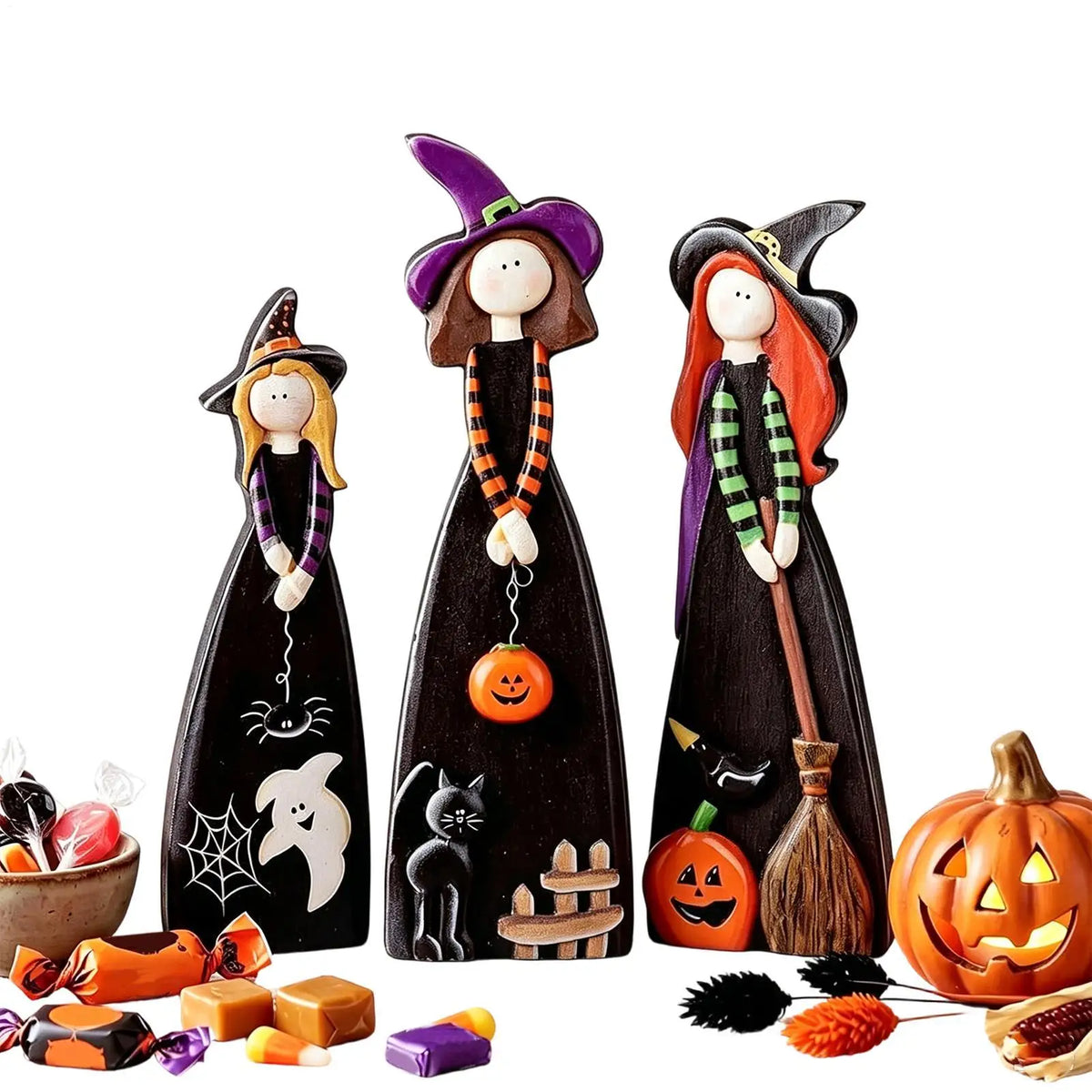 Halloween Witch Decor 3 Pieces Fall Farmhouse Wooden Table Centerpieces Autumn Witch Figurine Decor for Desk Shelf Windowsill