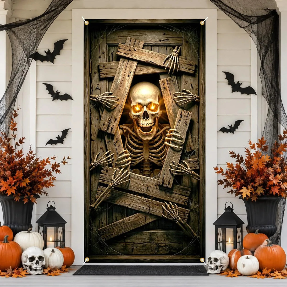 Halloween Glowing Eyes Skeleton Door Banner Creepy Broken Wood Horror Door Decor Indoor Outdoor Party Photo Hanging  Decoration