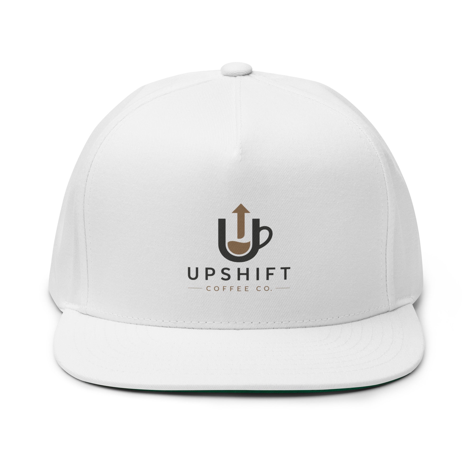High-profile flat bill cap with green undervisor and snapback closure